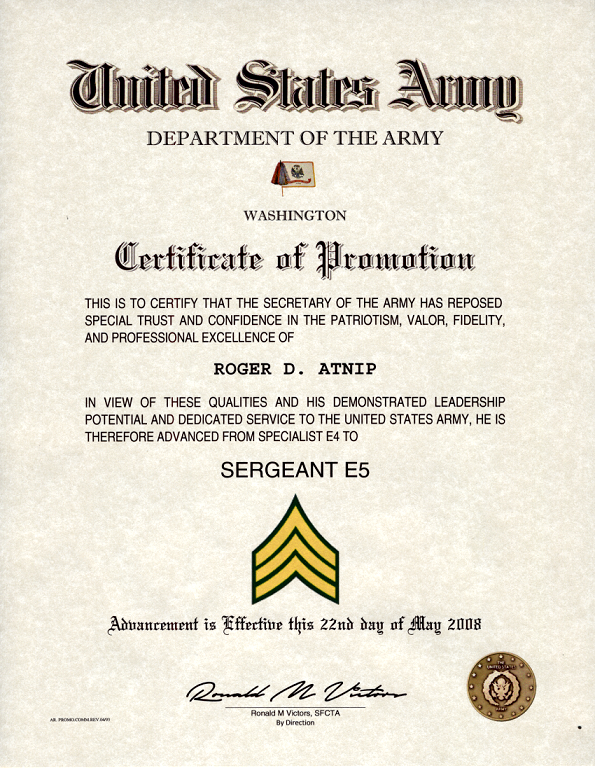 SERGEANT ~ Commemorative Promotion Certificate E-5 USMC 